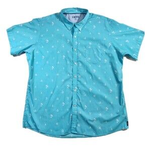 Izod Mens Short Sleeve Teal Breeze Print Shirt XXL Vacation Cruise Beach
